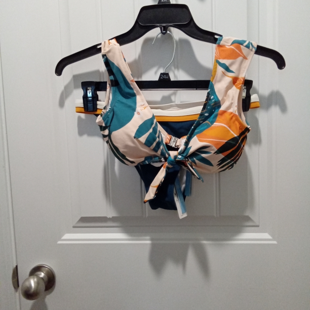 Cupshe Teal Navy Orange Cream Tropical Tie-Front Bikini